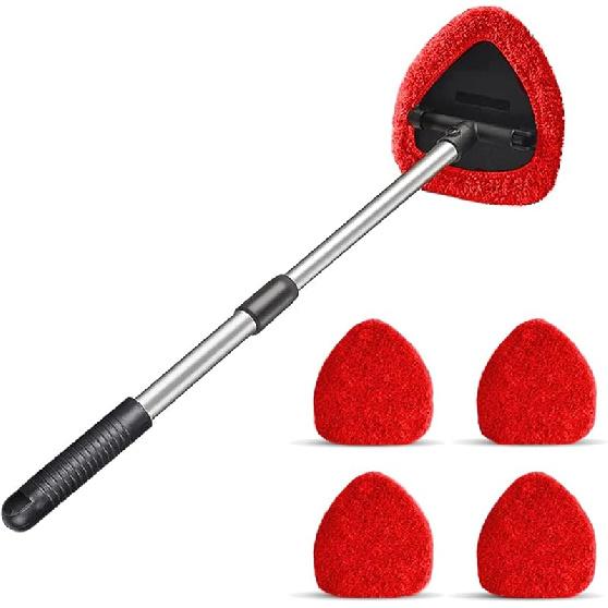 Windshield Cleaning Tool, Car Window Cleaner With 4 Washable Reusable Microfiber Pads, Extendable Long Handle Glass Wiper Cleaning Kit, Auto