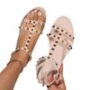 Fashion 2025 Summer New Style Rivet Thin Strap T-toe Sandals Summer Square Toe Flat Bottom Women's Going Out Roman Women's Shoes
