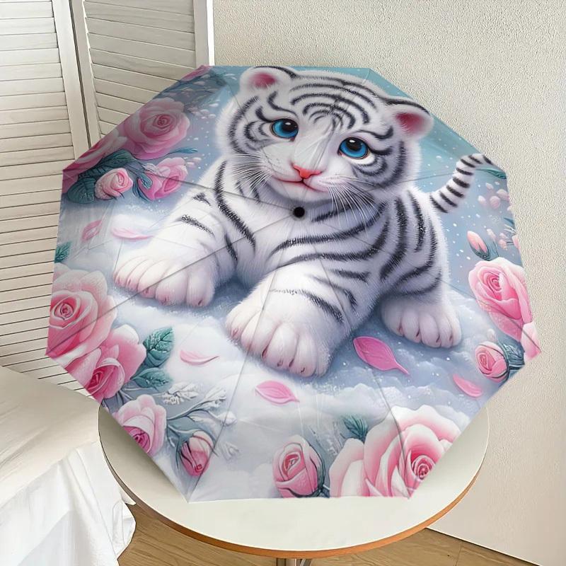 

1pc Adorable White Tiger Cub with Pink Roses Umbrella with Plastic Handle,Suitable for All Seasons Home Travel Outdoor UmbrellaDD034