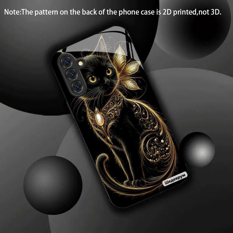 Black Gold Meow Charm Tempered Glass Phone Case Suitable for Samsung Galaxy S26 S25 S24 S22 S21 S20 FE/Ultra/Plus5G Anti Drop
