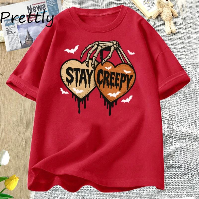 Stay Creepy Tshirt Retro Dripping Heart Halloween Clipart T Shirt Skeleton Hand Spooky Graphic T Shirts FeUnisex Clothing S
