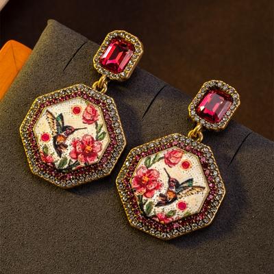 High-end Retro Safflower Bird Geometric Stud Earrings Silver Needles, Heavy Industry Diamond-set Chinese Style Earrings