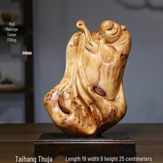 Intaglio Radice di Legno di Cipresso di Scogliera: Ornamento Daruma Maitreya Buddha in Legno Massello in Zafferano Dorato e Legno di Rosa Nanmu.