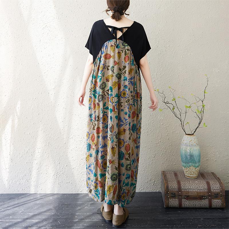 Dimanaf New 2025 Plus Size Summer Dress Women V-Neck Vintage Printing Casual Loose Short Sleeve Dress Maxi