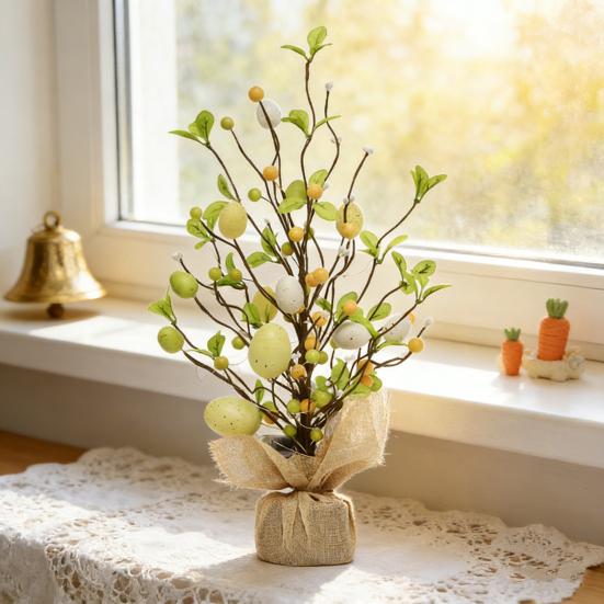 Pre-lit Easter Egg Tree with Burlap Base Battery Powered Easter Birch Tree with LED Light Tabletop Centerpiece for Home Table Spring Party Decoration