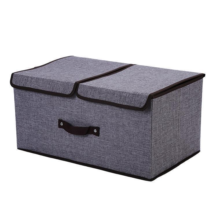 Foldable Cotton & Linen Double-Lid Storage Box with Handle for Clothes and Pants