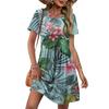 Women's Short Sleeve Floral Print Casual Dress with Round Neck Waist Tie and Pockets Relaxed Fit Summer Dress