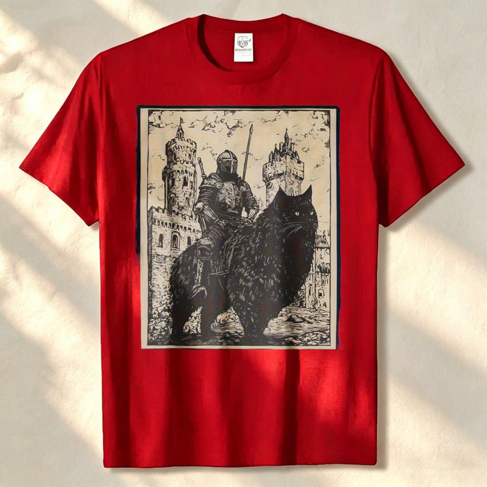 Vintage Medieval Knight Riding Giant Wolf Castle Retro Distressed Graphic T Shirt Unisex Cotton Tee Dark Fantasy Gothic Casual
