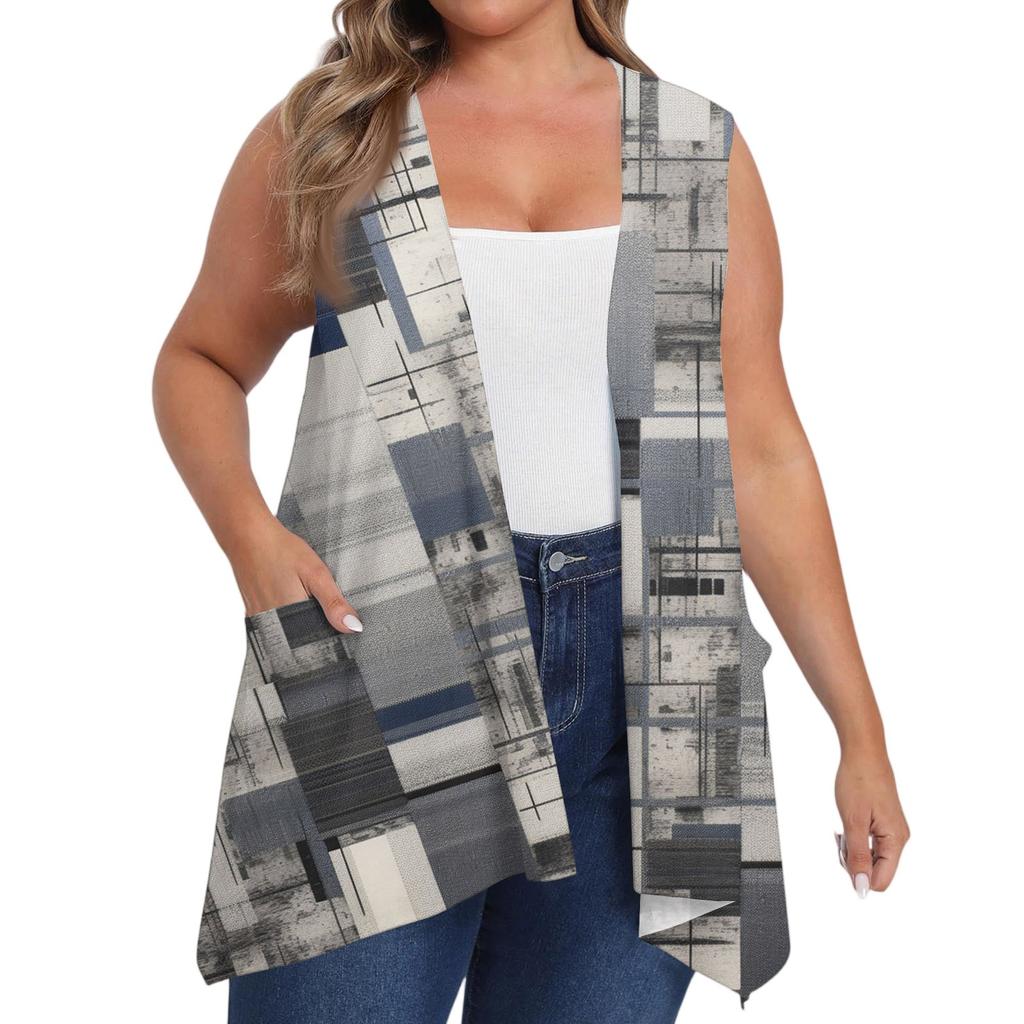 Women's Oversized Loose Casual Printed Sleeveless Vest With Pocket Cardigan Jacket Cardigan Jacket