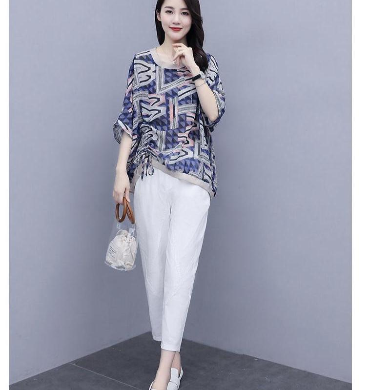 Women's Plus Size Casual Stylish Two-Piece: Five-Sleeve Print T-shirt & Nine-Point Pants Set