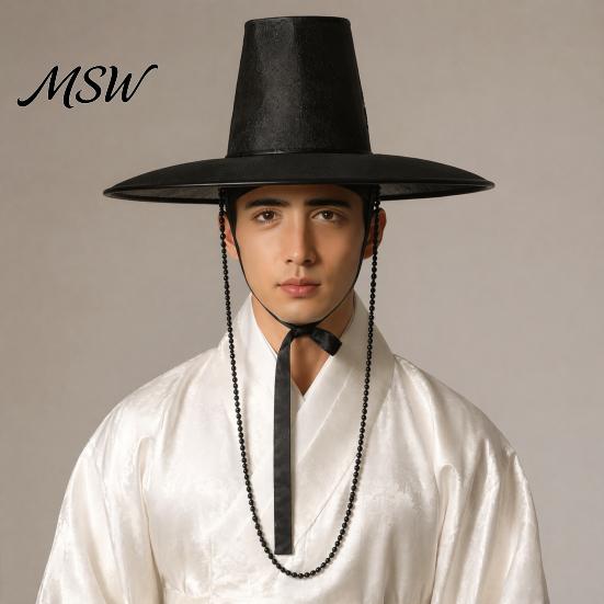 Lightweight Traditional Headgear Korean Hat, Anime Cosplay Accessory, Stage Performance Flat Style Wide Brim Hat Top with Beaded Chain for Cosplay,