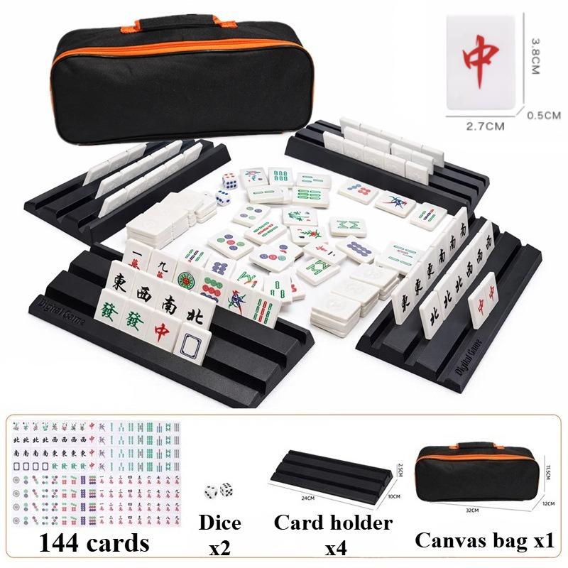 Travel Mahjong Tile Set Portable 144 PCS Mini Mahjong Game Tiles 4 Mahjong Racks Canvas Storage Bag Dices On-The-Go Game