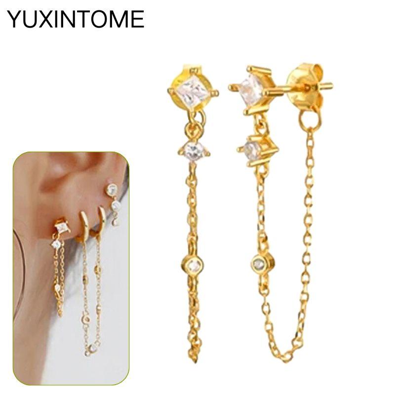 925 Silbernadel Exquisite Weiße Zirkon Steckerohrringe für Damen Geometrische Lange Kette Quaste Ohrringe Luxuriöser Schmuck