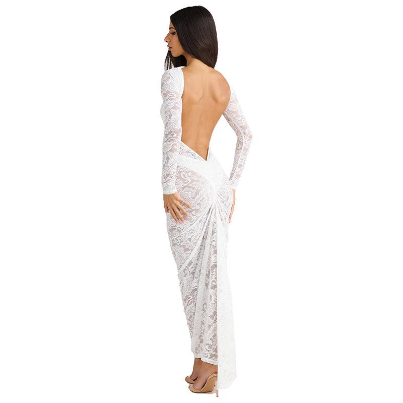Backless Lace Floral Sheer Slimming Long Sleeve Street Style Dress