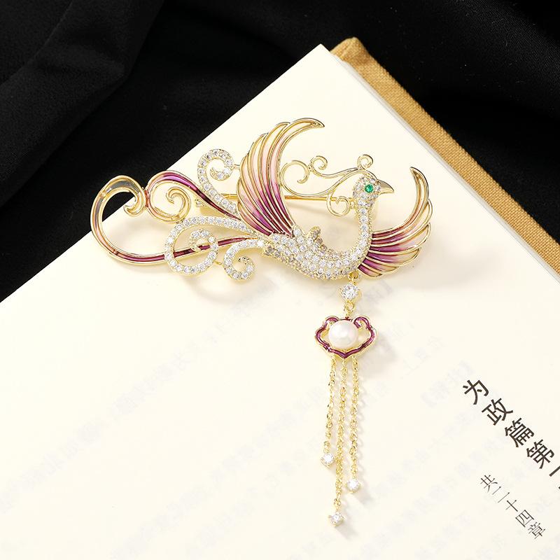 Medium Enamel Phoenix Brooch High-end Temperament Women's Pearl Fringed Pin Coat Suit Accessories Corsage