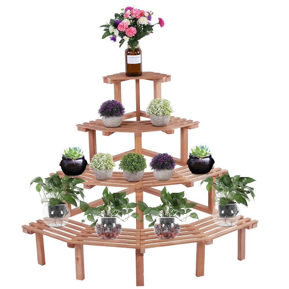 4 Tiers Pine Wood Corner Flower Pot Stand Plant Display Shelf Garden Decor (Natural Wood)