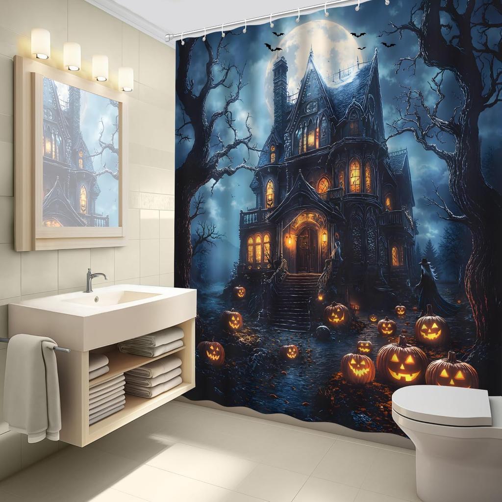 Spooky Castle Halloween Shower Curtain Gothic Haunted House Pumpkin Crow Bat Dead Tree Full Moon Forest Night Halloween Bathroom