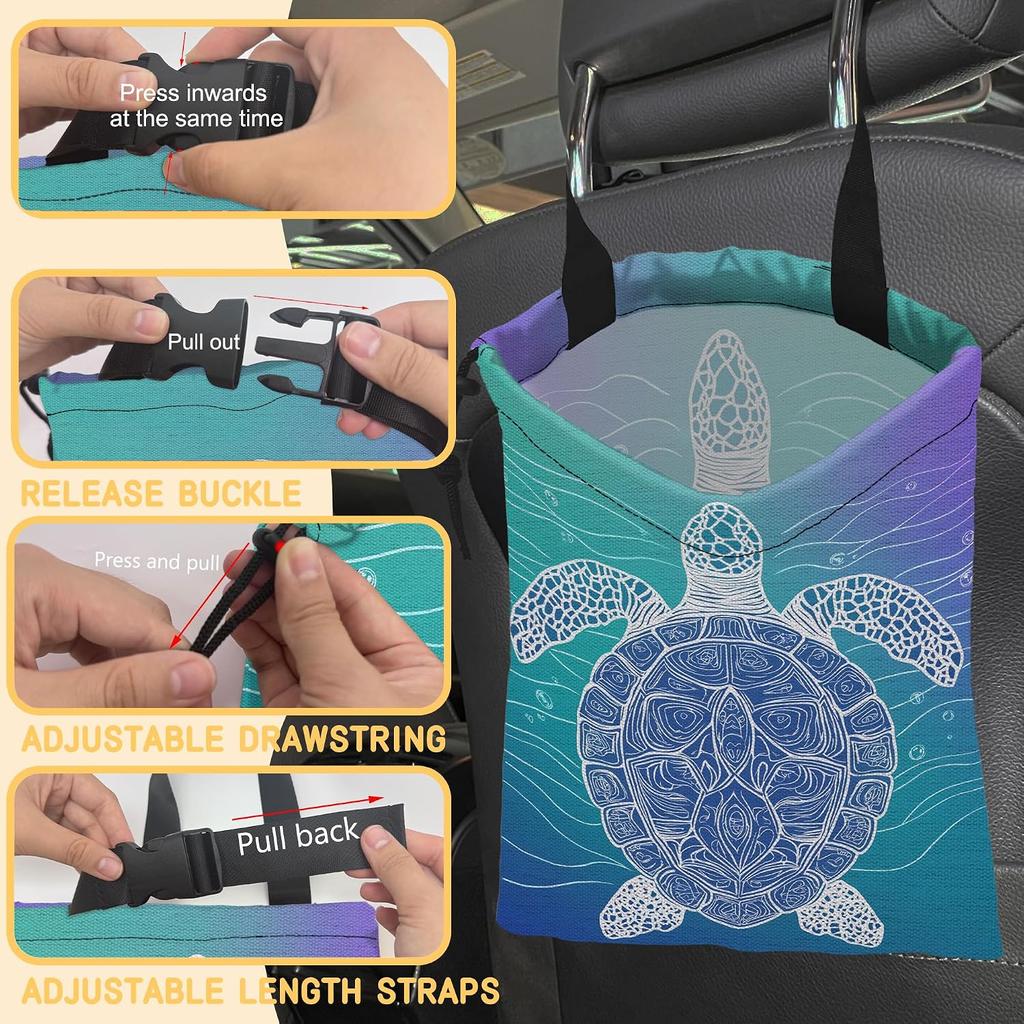 Sea Turtle Car Garbage Bag,Blue Marine Turtle Small Car Trash Bag Hanging Back of Seat,Drawstring Car Trash Bag with Adjustable Buckle,Car