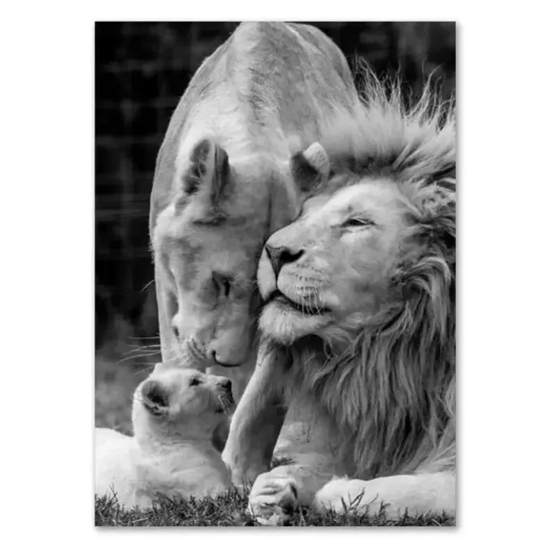 Animal Family Poster Lion Family Print Black and White Canvas Wall Art Modern Painting Picture Decor for Bedroom Wall Art Gift