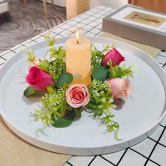Artificial Rose Candle Ring Wreath Faux Silk Floral Wedding Centerpiece Rustic Fake Rose Candle Holder for Christmas Home Table Decor