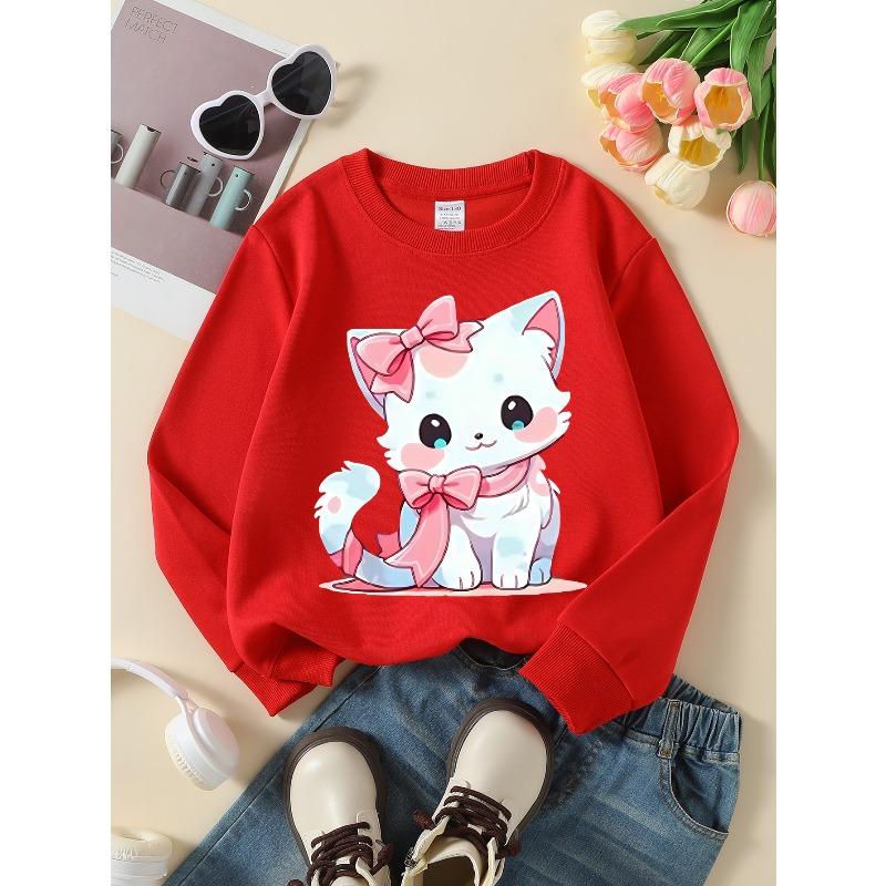 European Size Cute White Kitten with Pink Bow unisex' Crew Neck Fashion Sweatshirt,Autumn and Winter Western Style Top,Children's Long Sleeved T-shirt