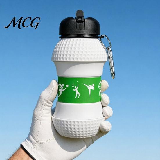Reusable Hiking Bottle Spherical Collapsible Silicone Cup, Golf Ball Shaped Water Foldable Travel Cup with Push Design Flip Lid & Metal Carabiner,