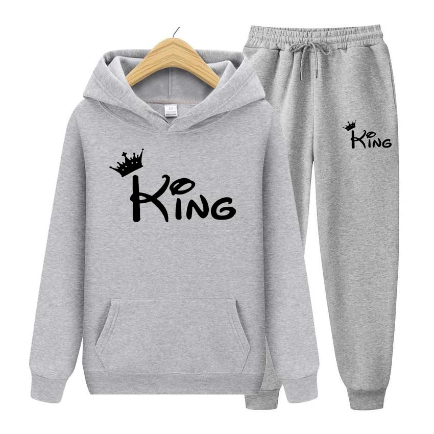 Podzim Zima Mikiny+Kalhoty dvoudílná sada král Potisk Pánské Dámské Mikiny Tepláky Jogger Kalhoty tlusté Teplé oblečení Muži