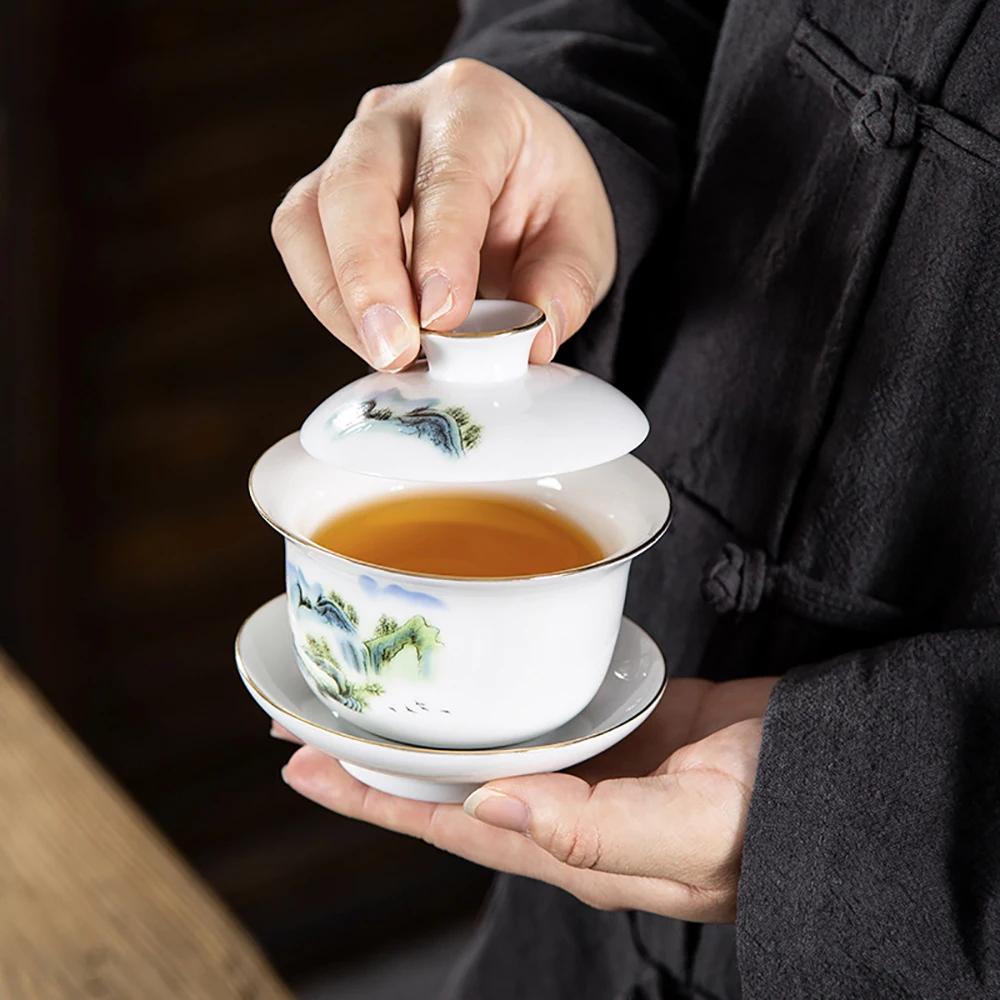 Ceramic Gaiwan Teacup Handmade Tea Tureen Bowl Chinese Blue and White Porcelain Teaware Accessories Drinkware