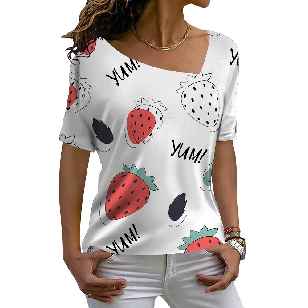 Ladies Fashion Casual Loose Pullovers Tee Shirts Summer 3d Pineapple Printed Women's Short Sleeves V-Neck Diagonal Collar Tops