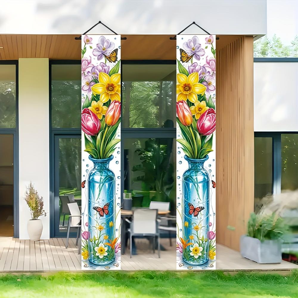 2D Flat, 2D Door Banner, 2D Door Flag 2pcs Spring Flower Couple Porch Flag- Vibrant Four Seasons Polyester Decoration with Colorful Flowers and Butter