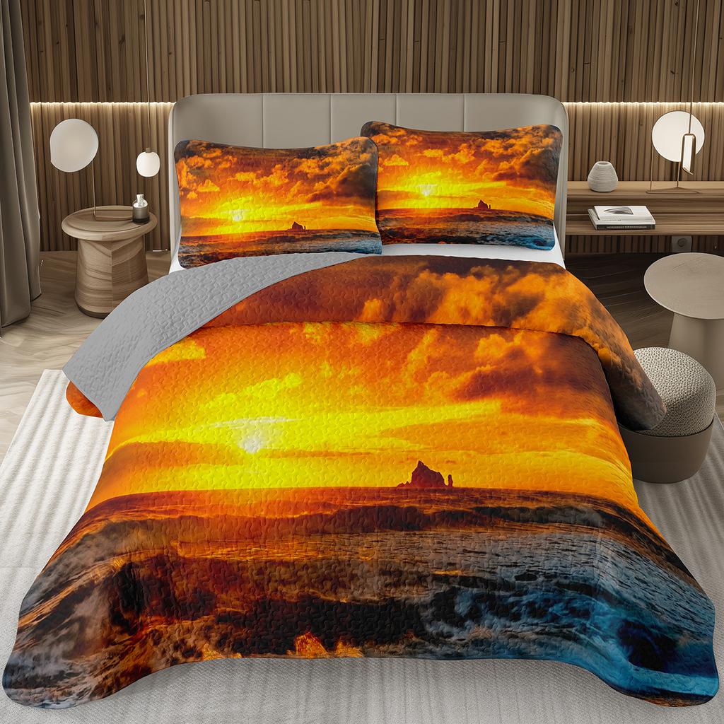 Sunset Scenery Bedspread Queen/Full Natural Landscape Quilted Coverlet 2/3Pcs Reversible Grey Bedding Set for Boy Girl Room Dorm