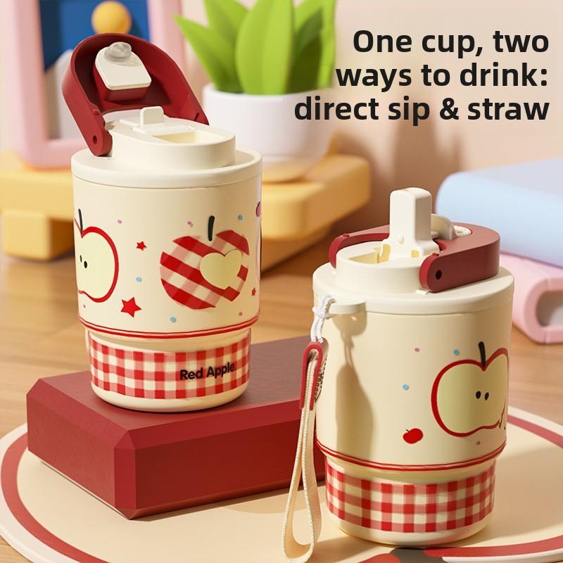Style Double Drink Insulated Mug For Girls With Straw And Carrying Rope
