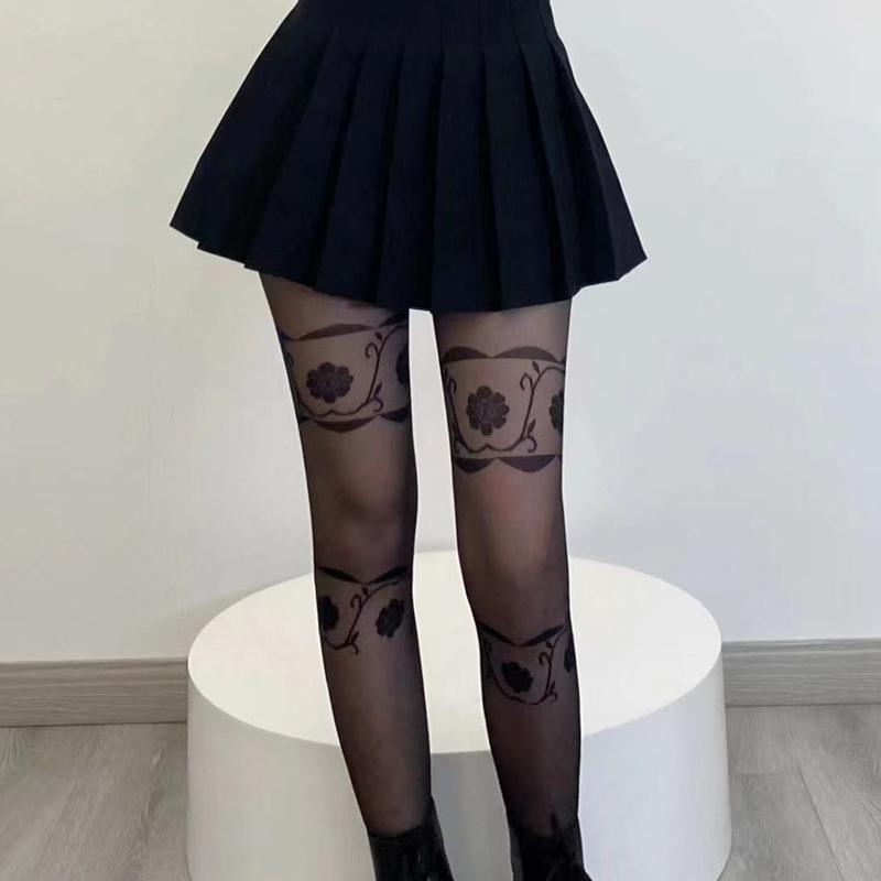 

Korea Style Flowers Pantyhose Slim Leg Women Thin Tights Summer Autumn Retro High Elastic Ladies Long Thigh Stockings Woman One Size чорний