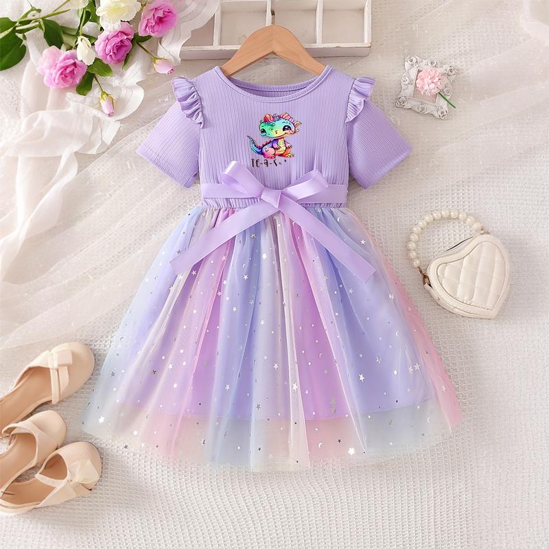 Girls Star Tulle DressRainbow Dinosaur PrintCute Princess Party Dress with Bow, Short Sleeve Summer Dress for Little Girls