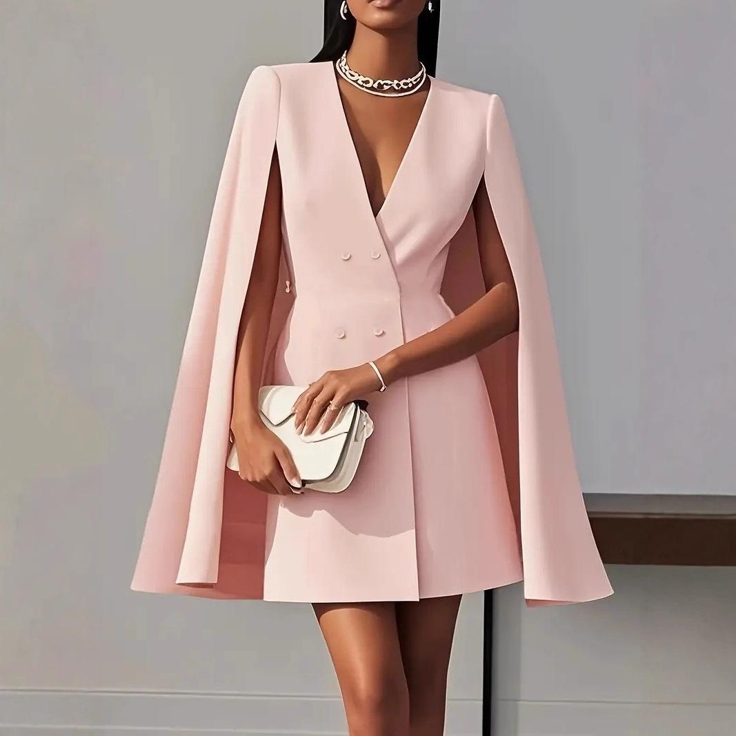 

Double-Breasted Cape Dress,Notched Lapel Poncho Style Blazer Dress with Solid Color Design,Elegant Office To Party Wear for Versatile Occasions XXL рожевий