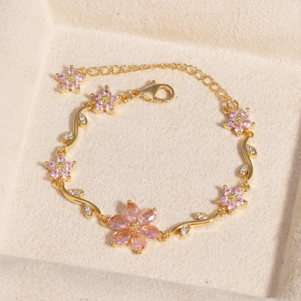18K Real Gold Plated Brass Multi-Color Leaf CZ Trendy Tennis Bracelet Set Wavy Chain Bracelets with Assorted Gemstones