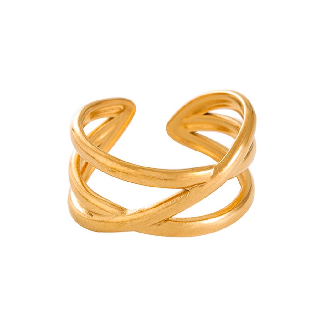 Geometric Double Layer Intersecting Titanium Steel Ring for Women - Simple, Stylish, Gold-Plated INS Fashion Style
