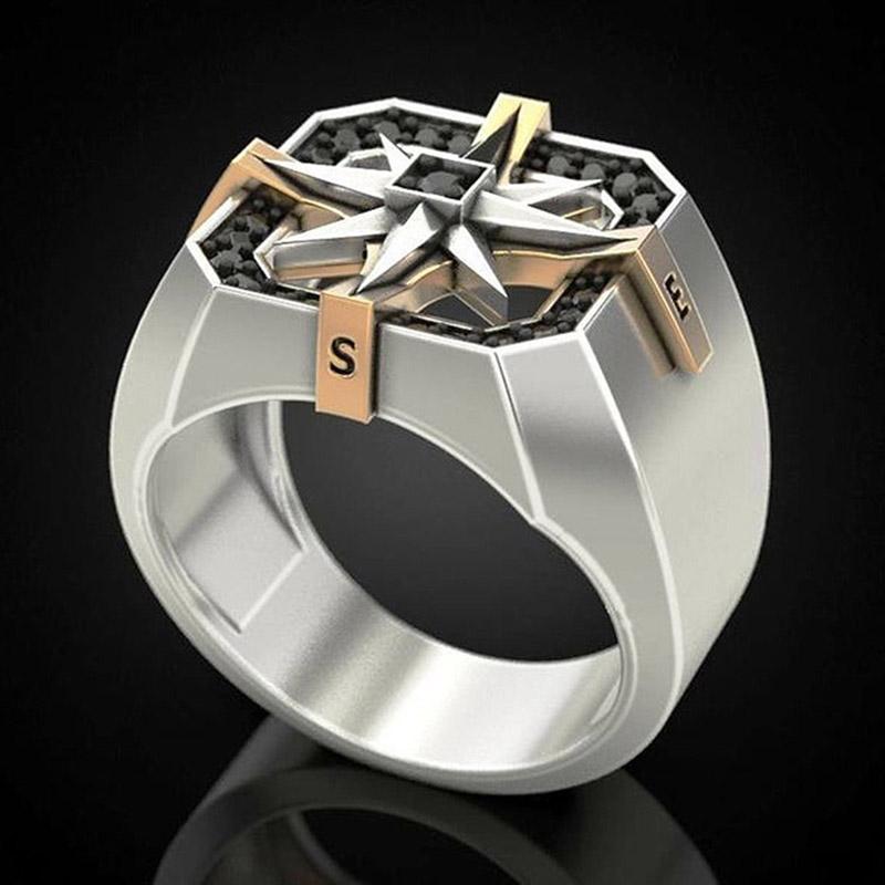 Retro Viking Style Nautical Compass Seal Ring Male Gold Color Two-Color Stainless Steel Rings Fashion Vintage Jewelry for Men