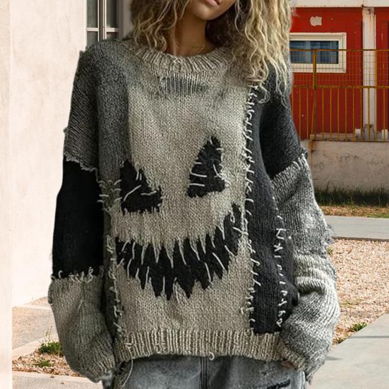 Halloween Spooky Face Sweater for Women Patchwork Print Knit Sweater Top Long Sleeve Crewneck Stitched Fall Outfit