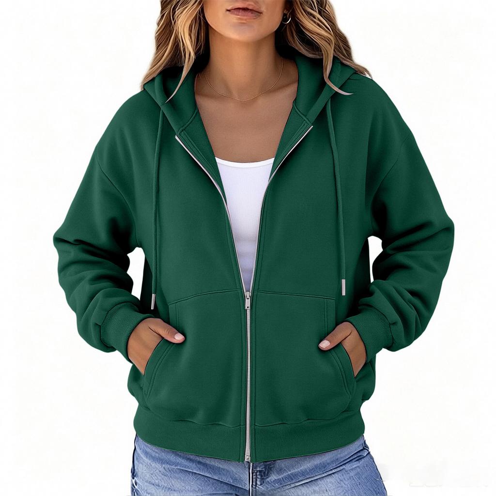 Women's Color Loose Fit Hooded Jacket with Zipper Winter Coat