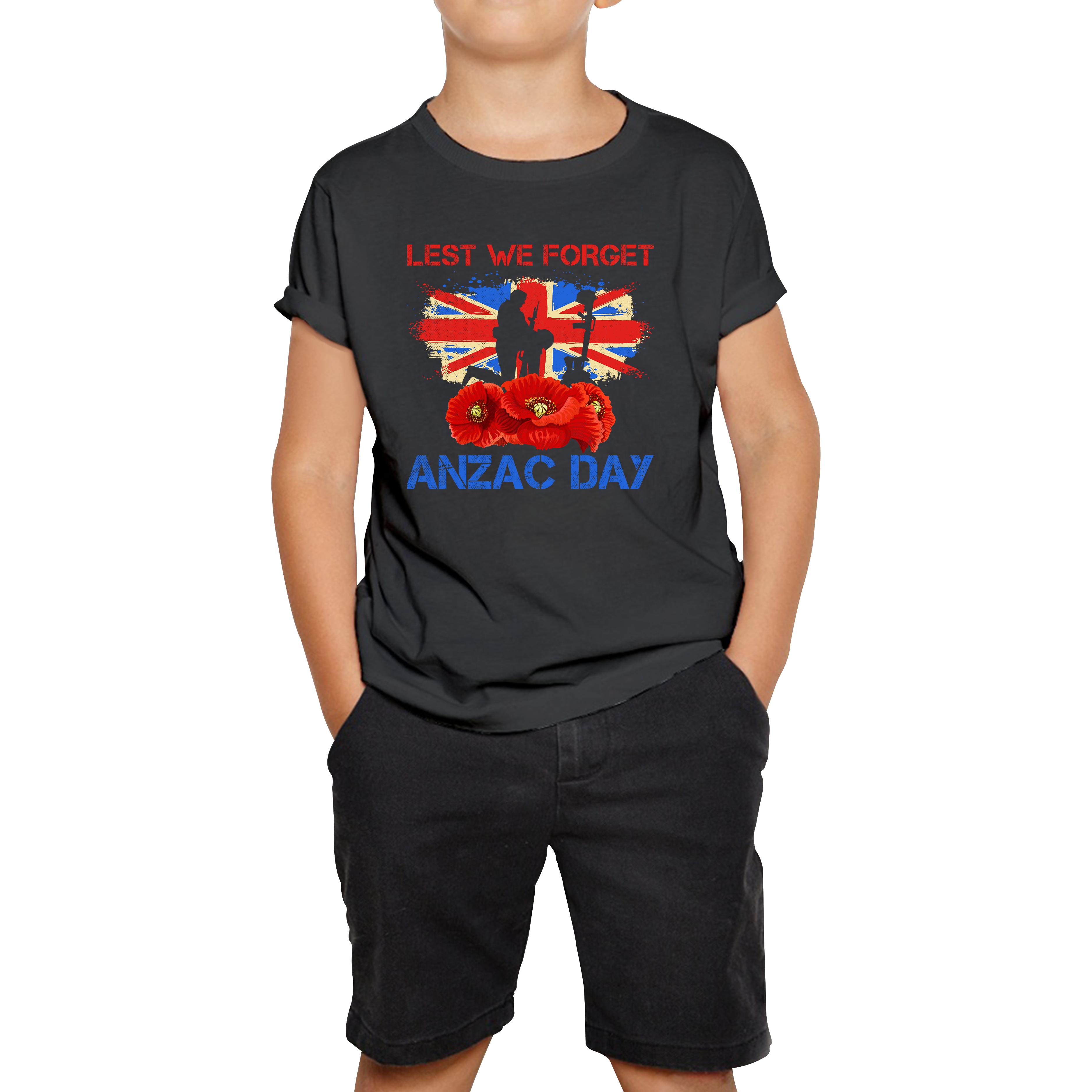 Poppy Flowers Lest We Forget Anzac Day British Veterans Remembrance Day Kids T Shirt 110