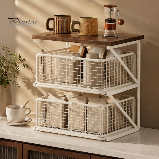 Coffee Pods Holder Station Organizer with Drawer, Tiered Bar Organizer, Wooden Top Shelf, Countertop Storage Rack Wire Mesh Drawers for Tea