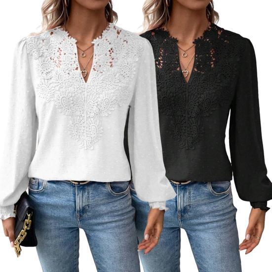 Women Short V-Neck Half Open Collar Lace Stitching Long-Sleeved Shirt Solid Color Loose Fit Pullover