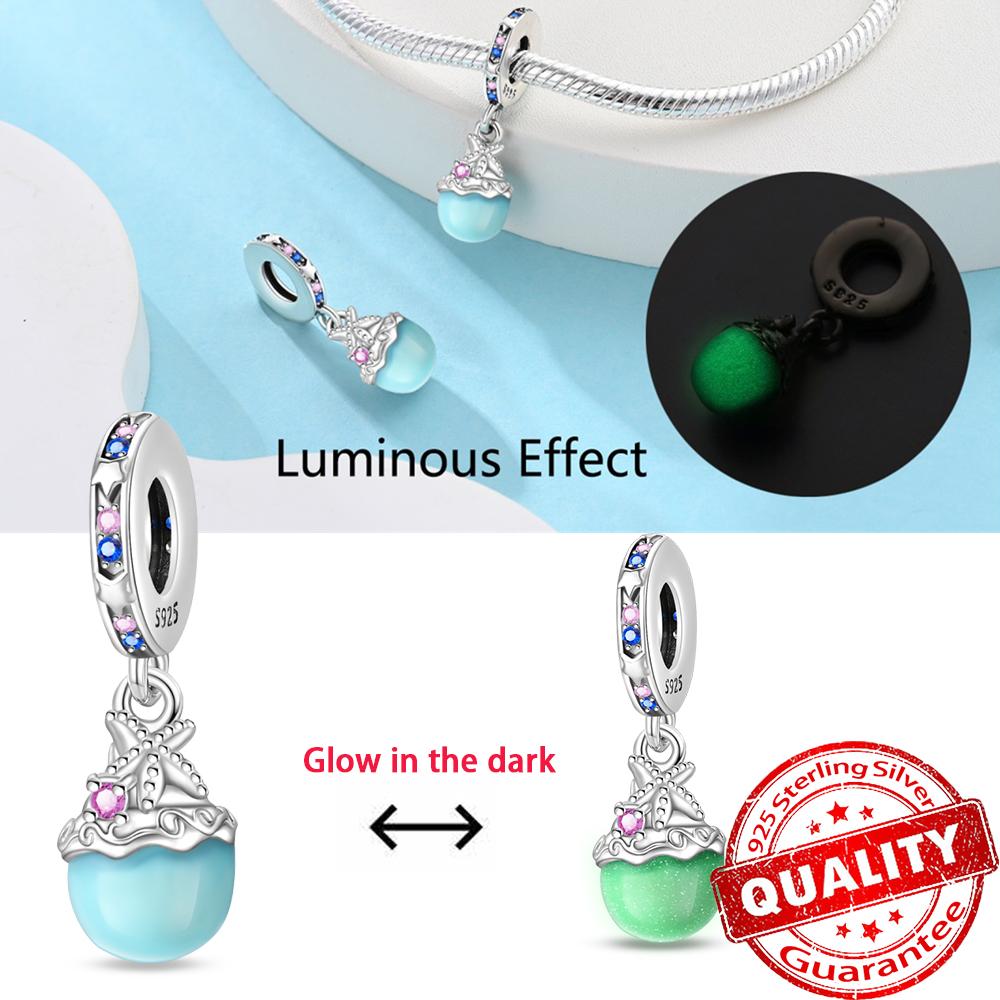 Original 925 Sterling Copper Glow-in-the-dark Green Zircon Heart Butterfly & Spinning Ball Dangle Charm Fits Original Bracelet