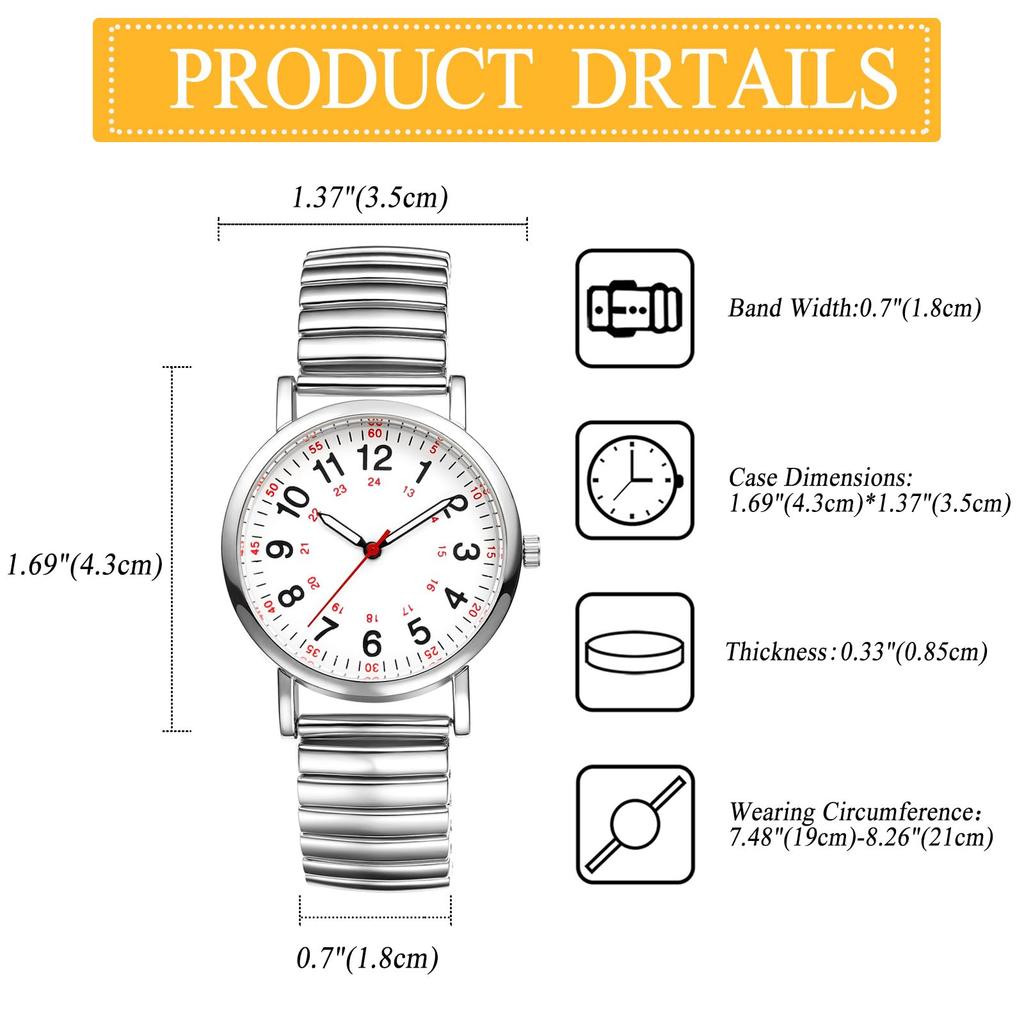 Elastic Strap Quartz Watch with Stainless Steel Analog Arabic Large One Size Fits Casual Perfect for or Any Women's Watch, 24-Hour Waterproof