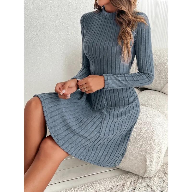 Podzimní a zimní šaty s dlouhým rukávem, polovičním rolákem, áčkového střihu, krátké, slim fit v pase, žebrované, áčkové, společenské šaty, dámské, ležérní, jednoduché oblečení