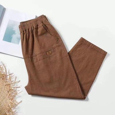 Thin Section Middle-aged and Elderly Loose Large Size Elastic High Waist Solid Color Elastic Cotton and Linen Nine-point Women's Pants