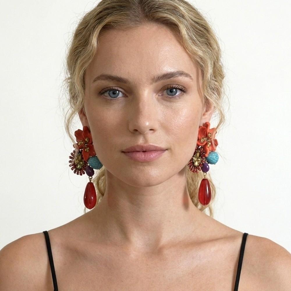 Water Droplet Pendant Pendant Earrings Retro Inlay Flower Earrings  Jewelry Gift