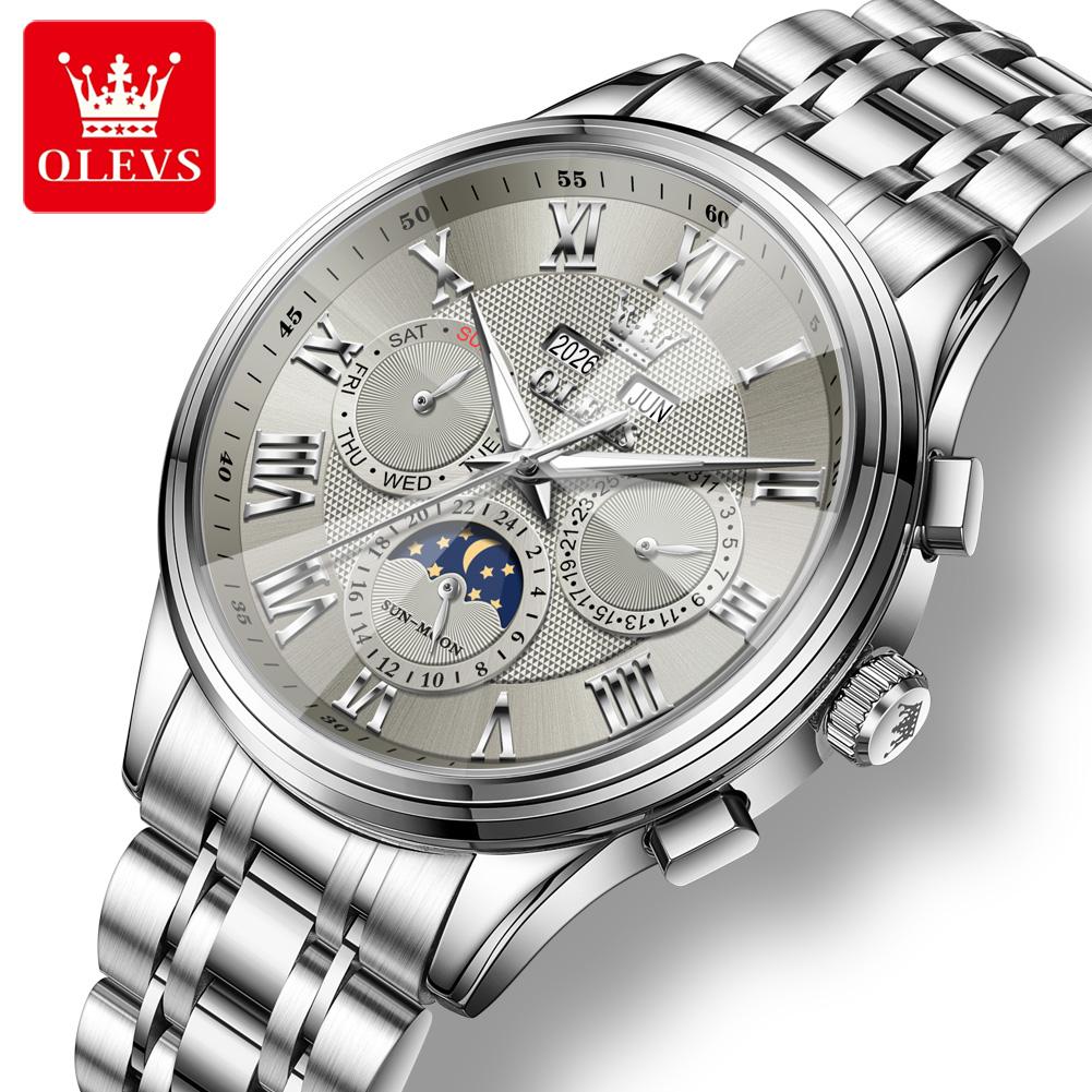OLEVS 7113 Moon Phase Automatic Mechanical Men's Watches Fashion Rhombus Mirror Perpetual Calendar Luxury Business Man Watch New