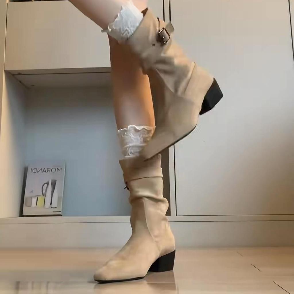 Spot version~ Square head temperament pleated thick heel belt buckle retro western cowboy boots slim Martin boots comfortable and trendy